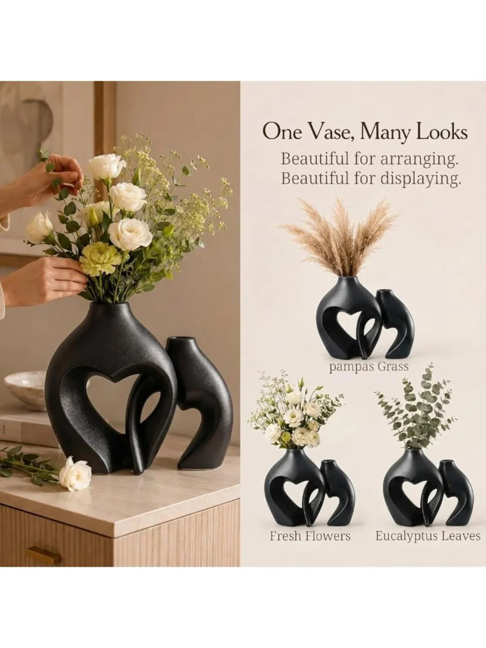 Set of 2 Black Heart Shaped Ceramic Vases - Minimalist Home Decor for Table
